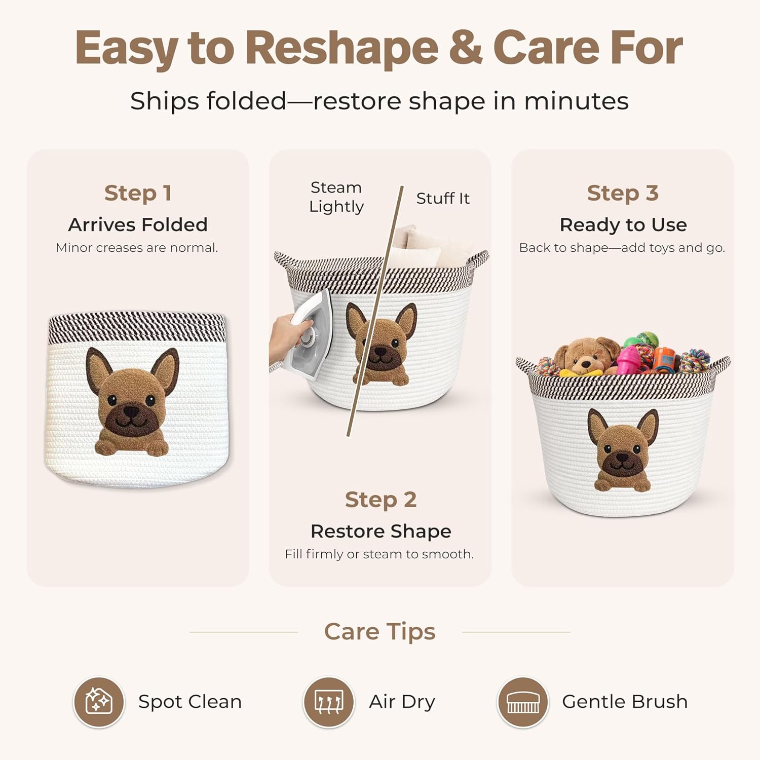 French Bulldog, Pug & Boston Terrier Dog Toy Basket, 15x11 Inch Woven Cotton Rope Storage Bin with Puppy Patch, Large Pet Organizer for Toys, Blankets, Leashes, Living Room Decor (Brown/Beige)