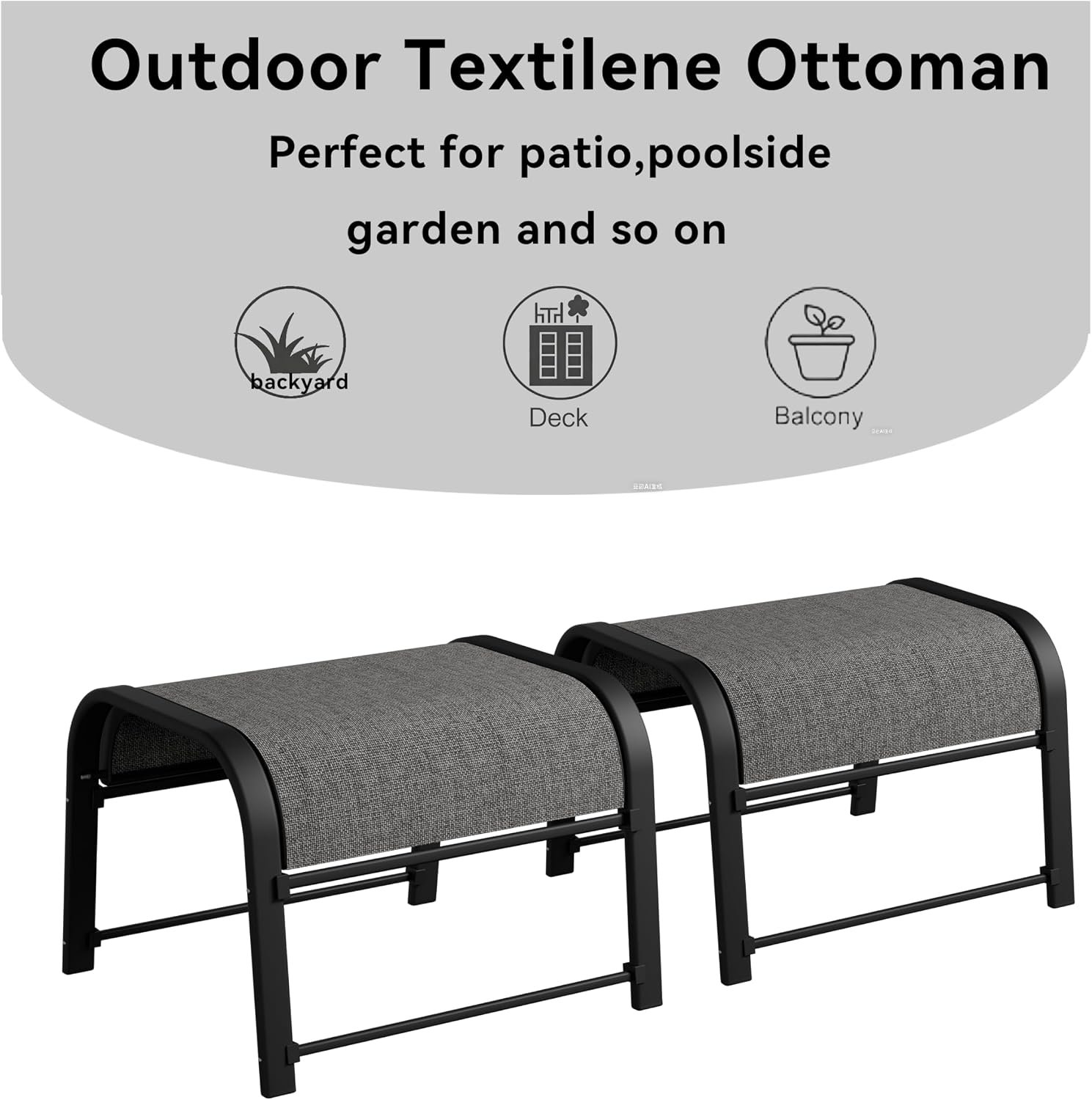 Outdoor Footstool Ottoman with Sturdy Metal Frame & Breathable Textilene Fabric, All-Weather Portable Footrest for Patio, Lawn, Garden, Poolside, Balcony, Camping, Porch & Indoor Use (2, Black)