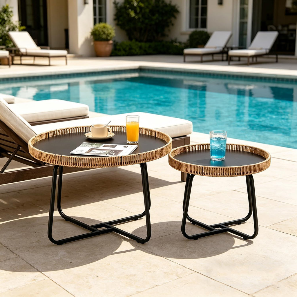 Small Round Nesting Coffee Table Set of 2, Woven Nesting Side Tables with Metal Frame, Modern Circle End Tables for Living Room Bedroom Office Balcony Outdoor