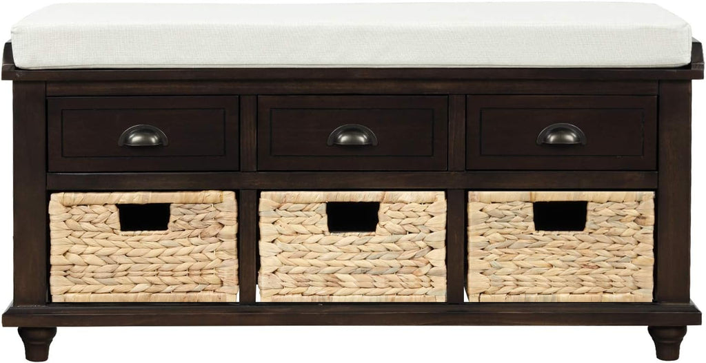 Rustic Storage Bench Narrow Entryway Bench with 3 Drawers and 3 Rattan Baskets Shoe Bench for Hallway Living Room Entryway Espresso Easy Assembly 42.1''× 15.40''× 21''