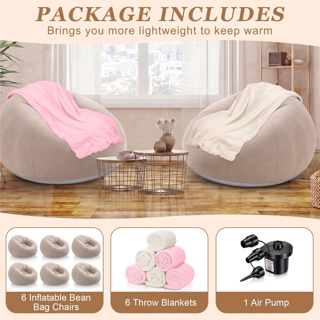 Huwena 12 Pcs Inflatable Bean Bag Chair and Throw Blankets Set(Air Pump Included), 6 Inflatable Bean Bag Lounge Chair Blow up Sofa 6 Fleece Throw Blankets for Movie Night Camping Outdoor(Coffee)
