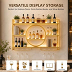 Wine Rack Wall Mounted with LED Lights - 3 Tier Metal Liquor Bottle Display Shelf with Glass Holder, Modern Home Bar Decor for Kitchen and Dining Room (Gold, 39.4 Inch)
