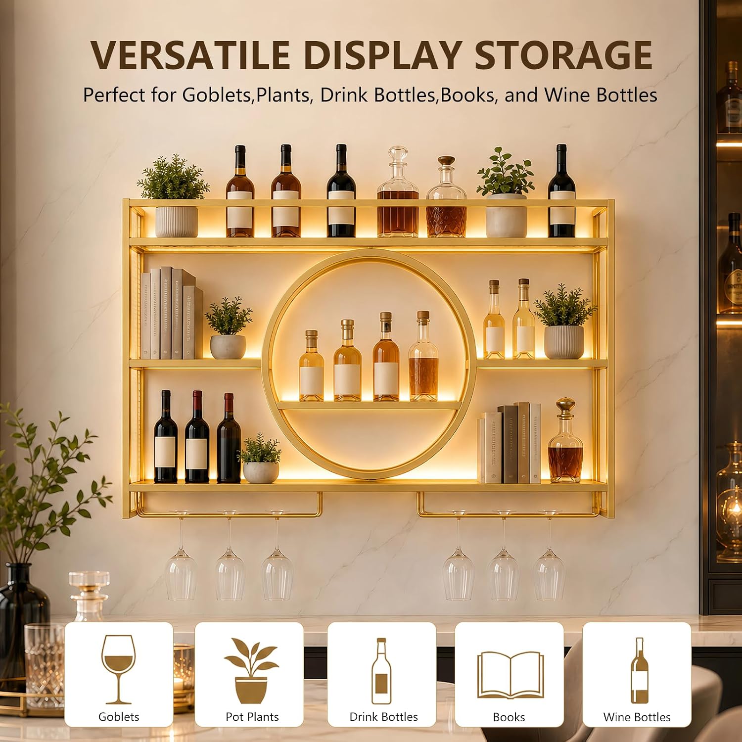 Wine Rack Wall Mounted with LED Lights - 3 Tier Metal Liquor Bottle Display Shelf with Glass Holder, Modern Home Bar Decor for Kitchen and Dining Room (Gold, 39.4 Inch)