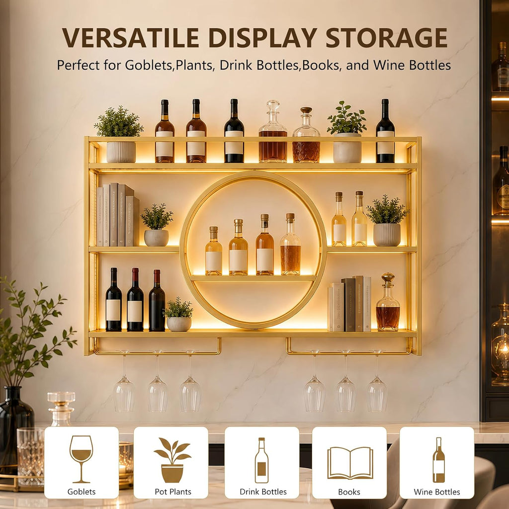 Wine Rack Wall Mounted with LED Lights - 3 Tier Metal Liquor Bottle Display Shelf with Glass Holder, Modern Home Bar Decor for Kitchen and Dining Room (Gold, 55.1 Inch)