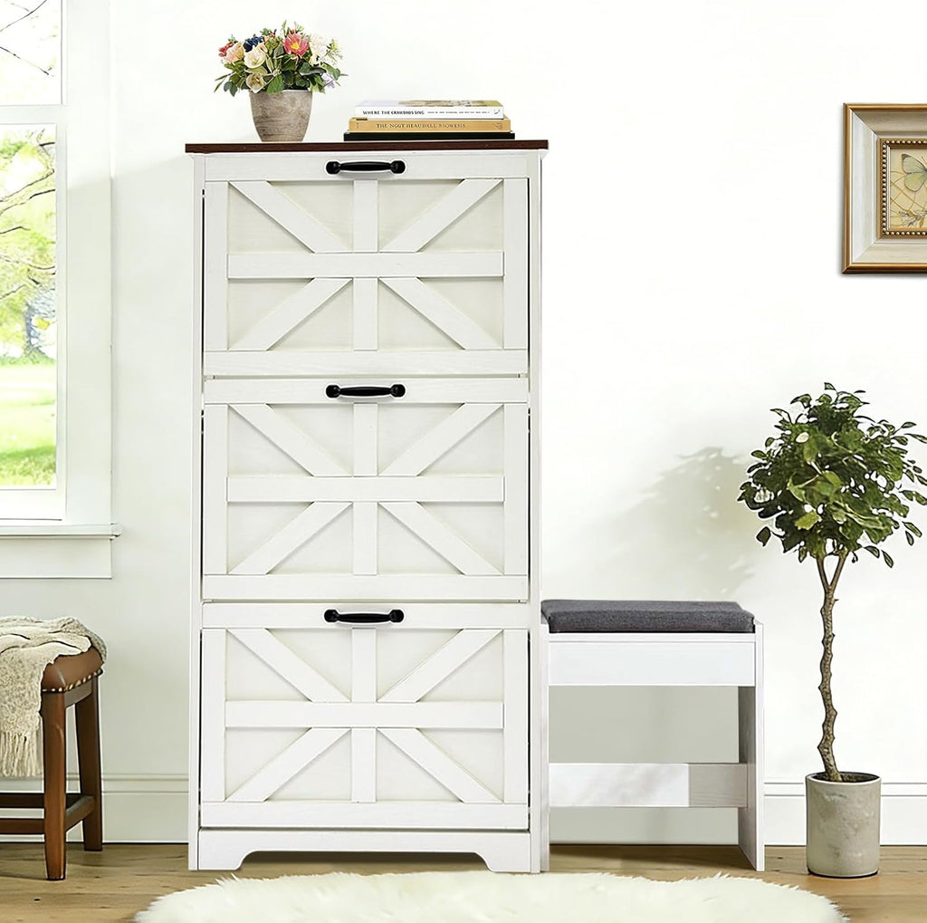 Shoe Storage Cabinet with Bench, Farmhouse Shoe Organizer with Barn Door Design, Space-Saving Hidden Narrow Shoe Rack Cabinet for Entryway, Hallway & Foyer, White