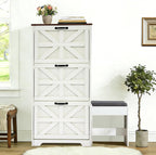 Shoe Storage Cabinet with Bench, Farmhouse Shoe Organizer with Barn Door Design, Space-Saving Hidden Narrow Shoe Rack Cabinet for Entryway, Hallway & Foyer, White