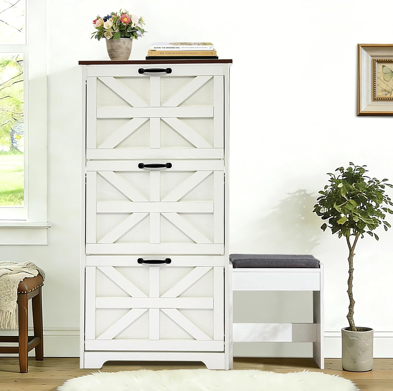 Shoe Storage Cabinet with Bench, Farmhouse Shoe Organizer with Barn Door Design, Space-Saving Hidden Narrow Shoe Rack Cabinet for Entryway, Hallway & Foyer, White