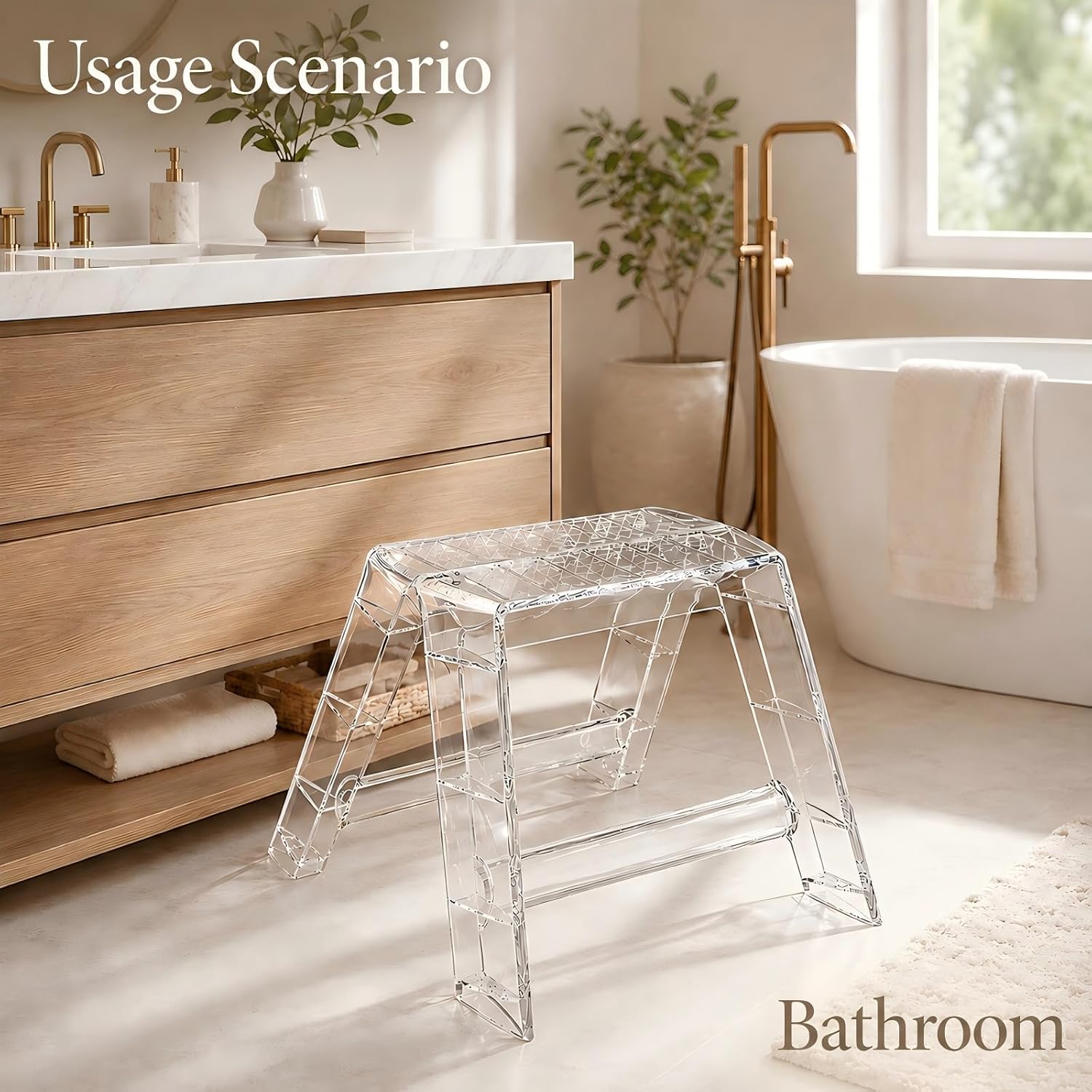 Clear Acrylic-Style Folding Stool, Portable Lightweight Folding Seat, Compact Space Saving Stool for Bathroom, Vanity, Bedroom, Closet & Small Spaces(Transparent)