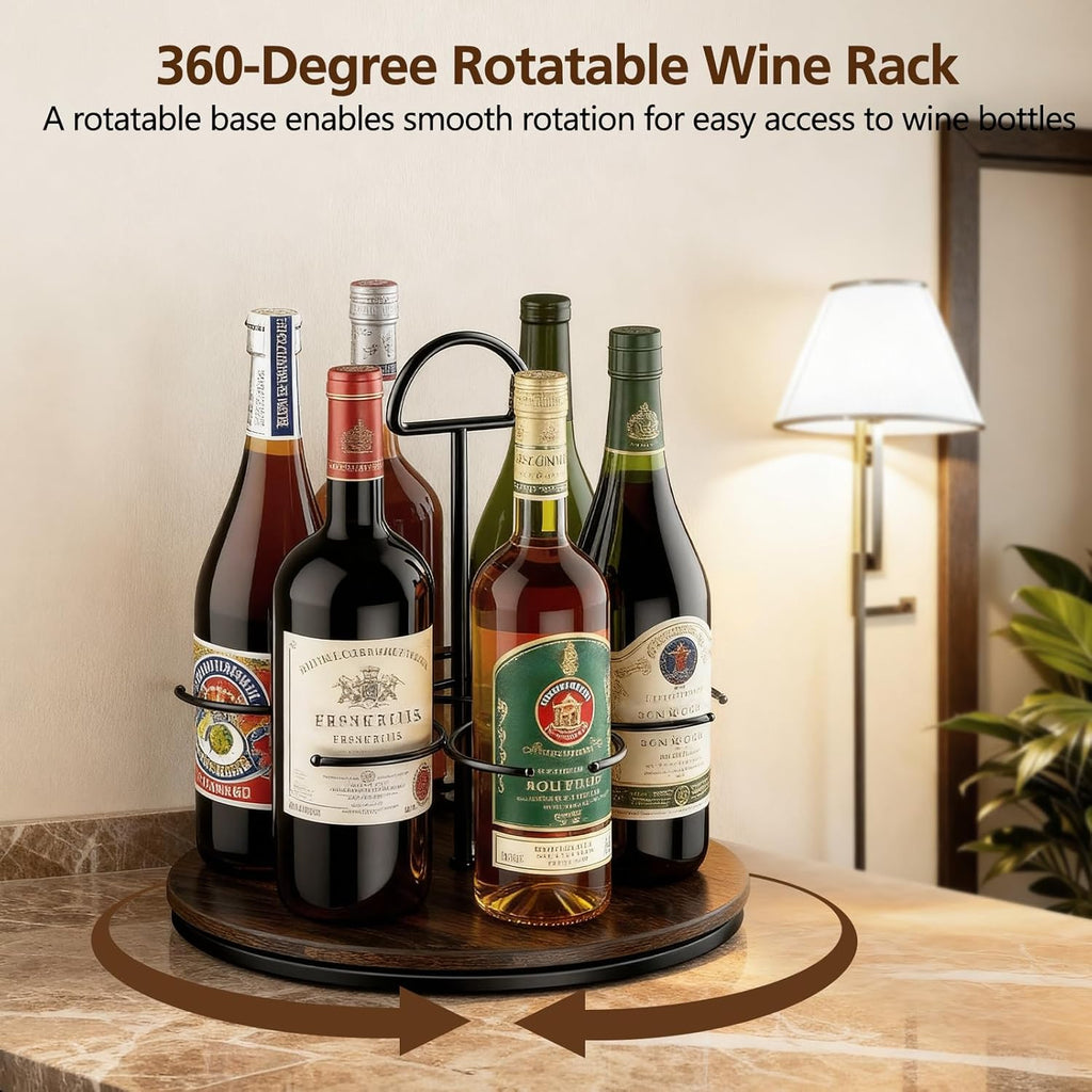 360° Rotating Wine and Coffe Syrup Bottle Rack, 6-Bottle Countertop Organizer with Non-Slip Base, Space-Saving Liquor and Syrup Bottle Display Shelves for Home Bar and Kitchen