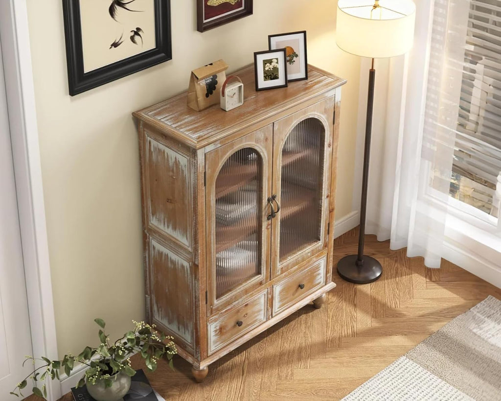 LKTART Solid Wood Storage Cabinet, Kitchen Sideboard Buffet Pantry Cabinet with Glass Doors & Drawers, Entryway Cabinet, Rustic Display Cabinet for Living Room,Natural Wood,48" Tall