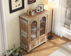 LKTART Solid Wood Storage Cabinet, Kitchen Sideboard Buffet Pantry Cabinet with Glass Doors & Drawers, Entryway Cabinet, Rustic Display Cabinet for Living Room,Natural Wood,48" Tall