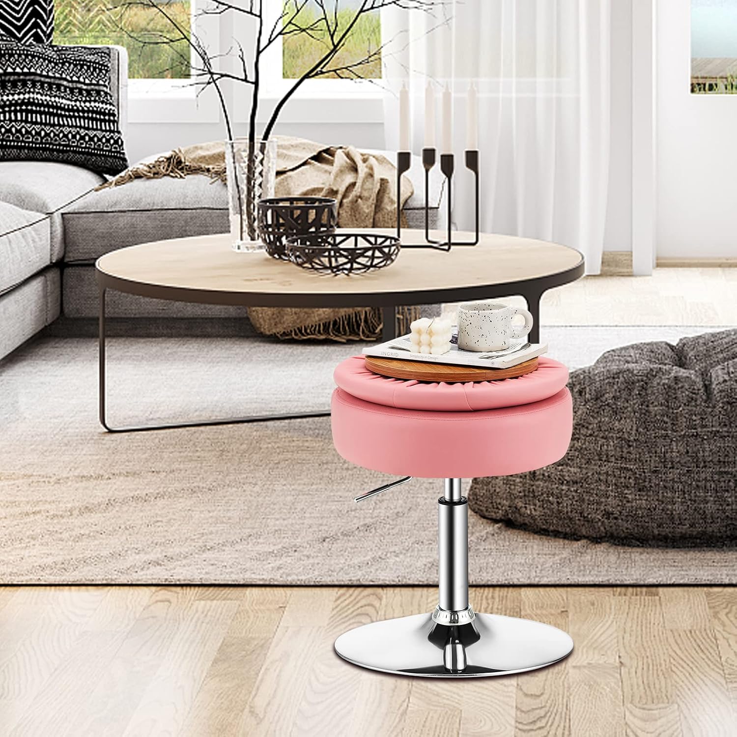 COSTWAY Counter Height Bar Stool, Tufted PU Leather 20"-26" H Adjustable Swivel Vanity Chair with Removable Tray Top and Storage Space, Modern Round Ottoman for Makeup Kitchen Island Shop, Pink