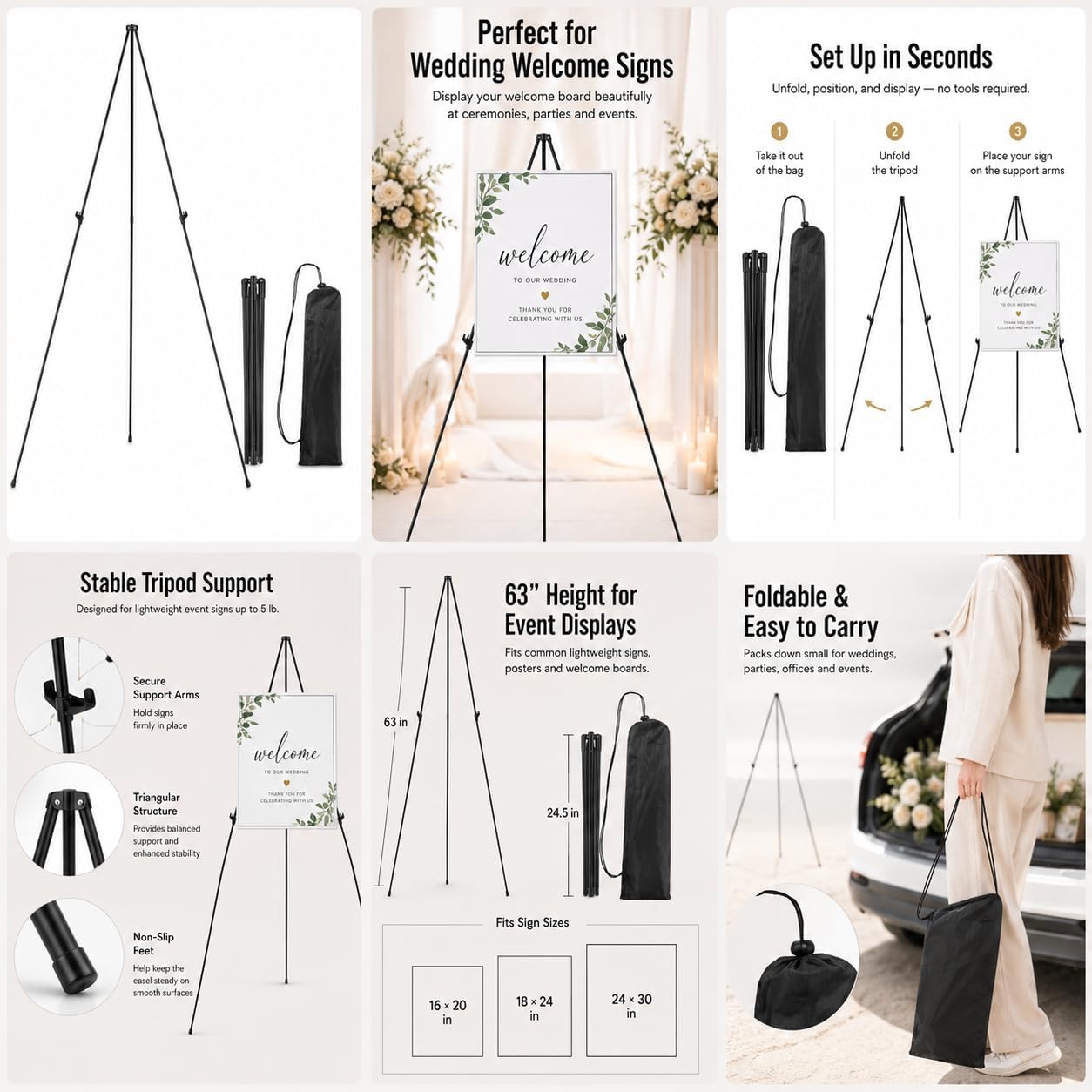 RRFTOK Easel Stand for Sign,63'' Instant Lightweight Portable Ground Easel for Wedding Sign and Poster Display Stand, Metal Tripod with Portable Bag,1-Pack.