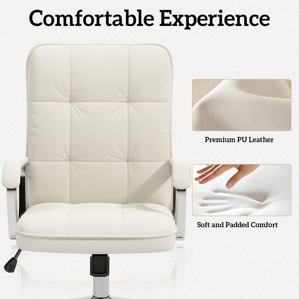 White Office Chair with Soft Leather, Swivel Executive Office Desk Chair with Wheels and Padded Arms, Adjustable Height