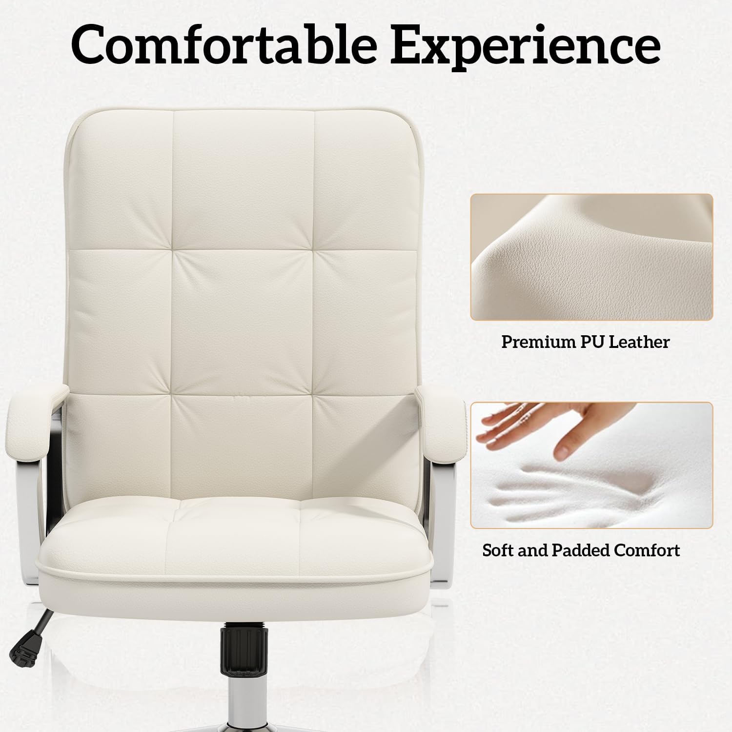 White Office Chair with Soft Leather, Swivel Executive Office Desk Chair with Wheels and Padded Arms, Adjustable Height