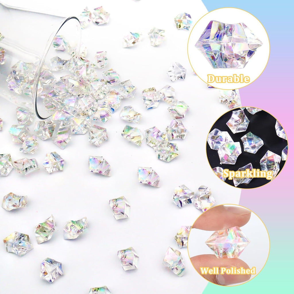 Ceya Clear Holographic Fake Ice Rocks，220PCS Dazzling Vase Fillers Acrylic Fake Diamond Crystals Water Beads Marbles 13OZ Glass Gems for Centerpieces Table Decoration Party Christmas Wedding Birthday