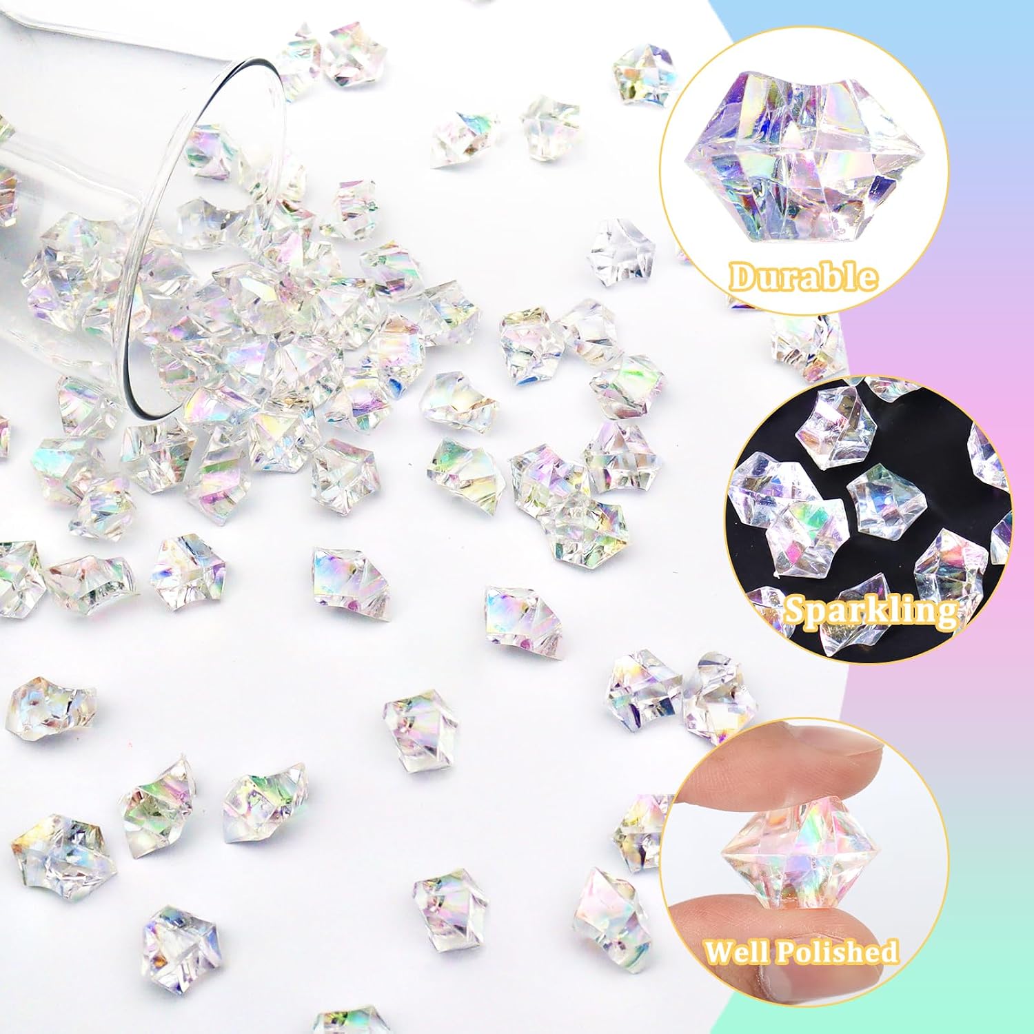 Ceya Clear Holographic Fake Ice Rocks，220PCS Dazzling Vase Fillers Acrylic Fake Diamond Crystals Water Beads Marbles 13OZ Glass Gems for Centerpieces Table Decoration Party Christmas Wedding Birthday