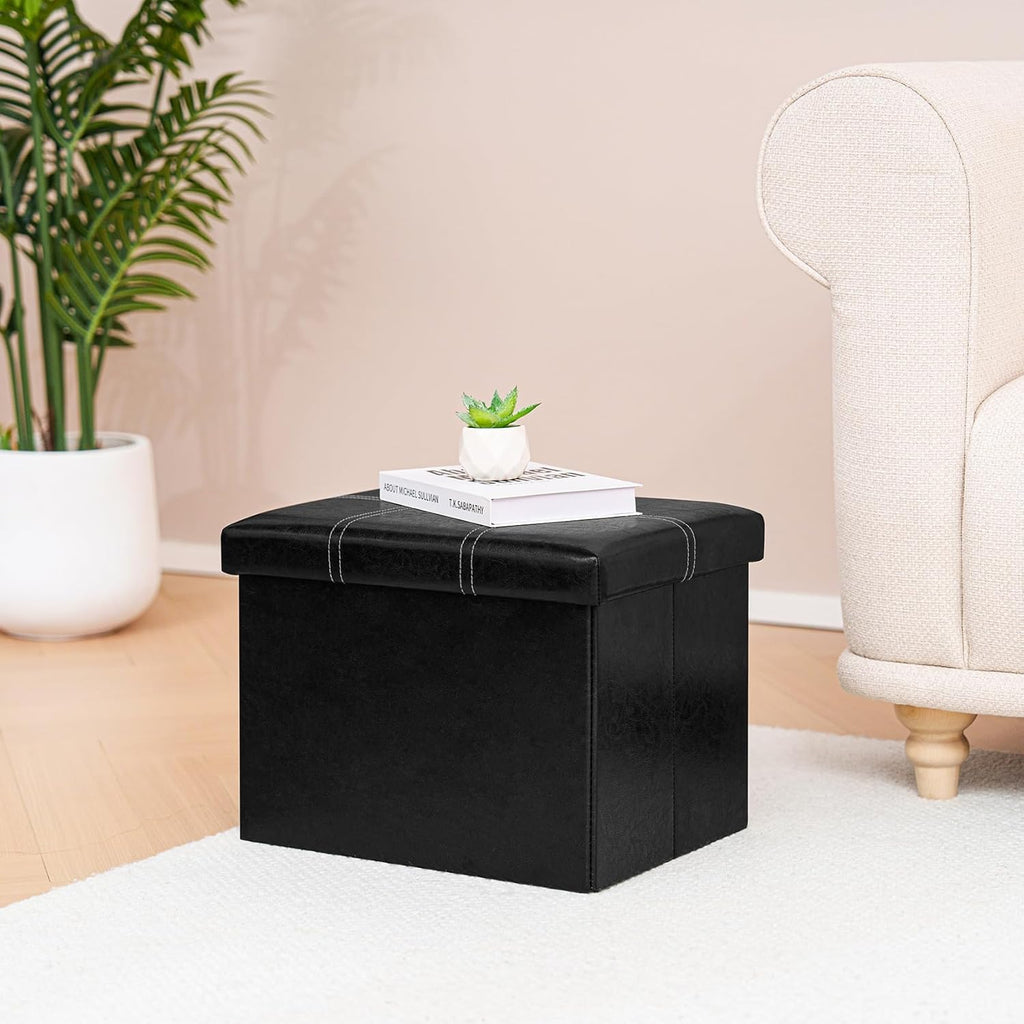 B FSOBEIIALEO Folding Storage Ottoman Cube, Faux Leather Footrest Seat Coffee Table, Black 16.5"x12.6"x12.6"