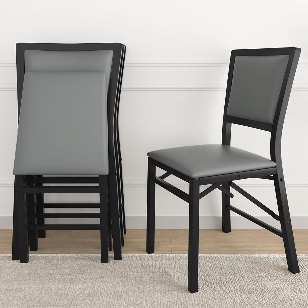 VECELO Folding Chairs Set of 4 with Cushion, Foldable Padded Seats with Heavy Duty Metal Frame for Kitchen/Dining/Living Room, No Assembly & Space Saving Design, Grey