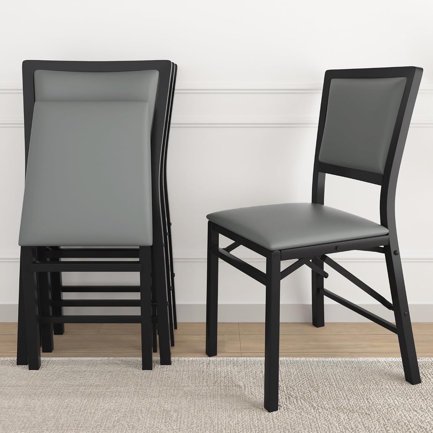 VECELO Folding Chairs Set of 4 with Cushion, Foldable Padded Seats with Heavy Duty Metal Frame for Kitchen/Dining/Living Room, No Assembly & Space Saving Design, Grey