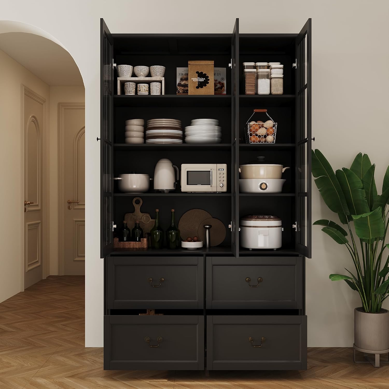 AGOTENI 47.2" W Pantry Cabinet with Glass Doors & 4 Drawers, Wooden Freestanding Kitchen Storage Cabinet with Adjustable Shelves & Vintage Handles for Dining Room Living Room, Black