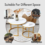 Small Round Nesting Coffee Table Set of 2 for Living Room, Wood Grain Faux Marble Modern Stacking Circle Coffee Table Side Table End Table with Metal Frame for Bedroom （Gold