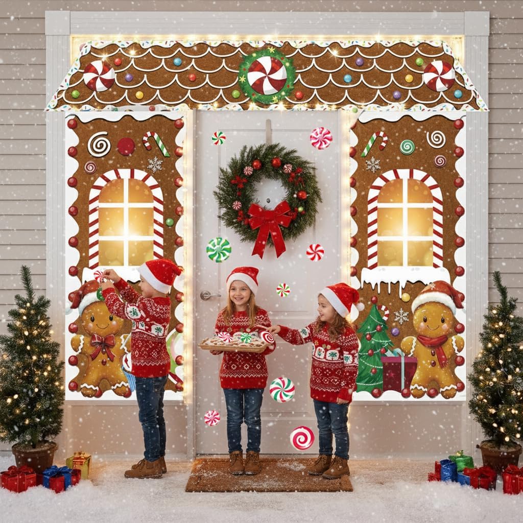 Christmas Decorations Gingerbread Man Scene Gingerbread Man House Backdrops Long LED String Light Candy Stickers Christmas Backdrop for Party & Wall Deco