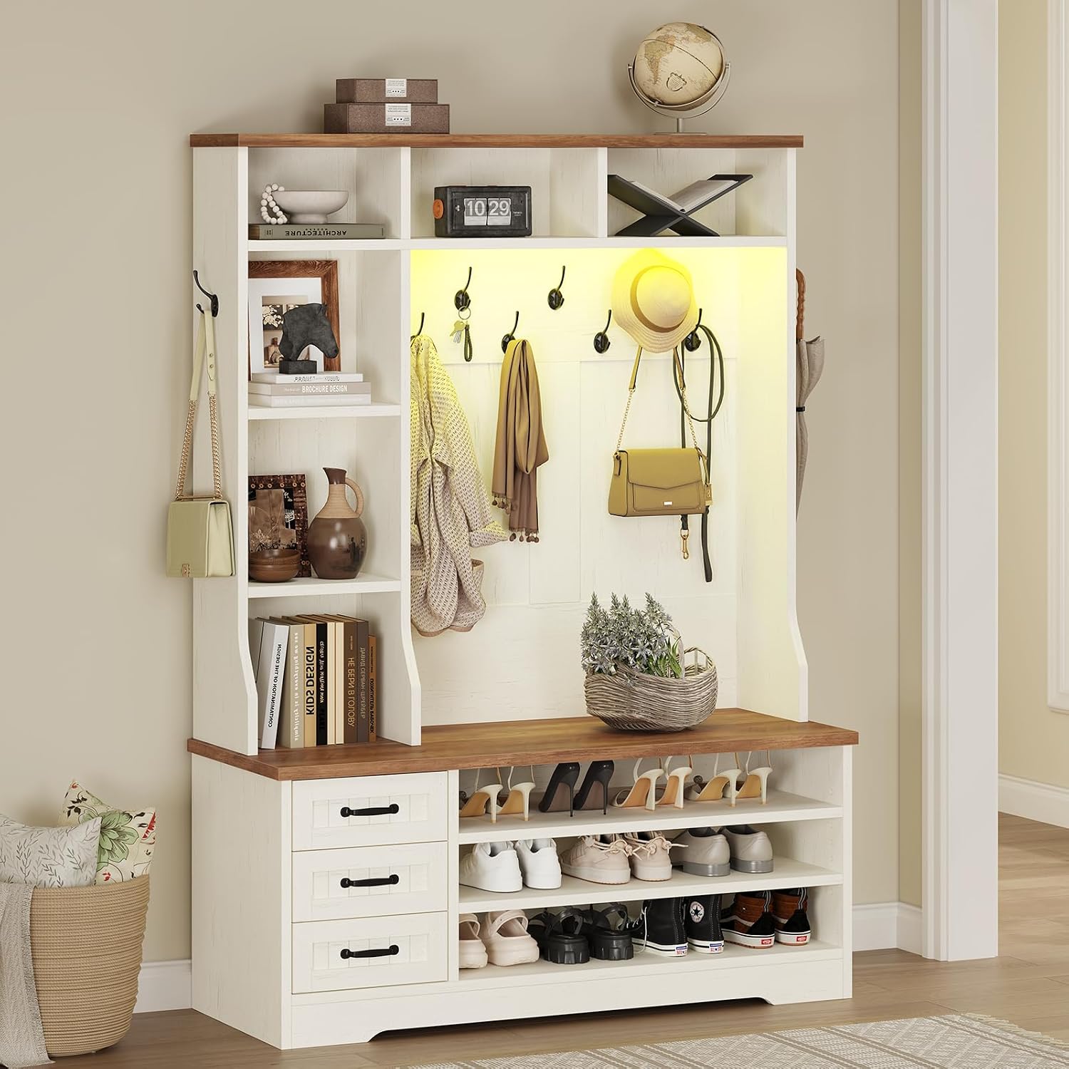 TVU Storage Hall Tree with Bench & 3 Drawers, 22-in-1 Coat Rack With 9 Coat Hooks, Farmhouse Entryway Bench With 9 Open Shelves for Hallway, Entryway (Hall Tree)