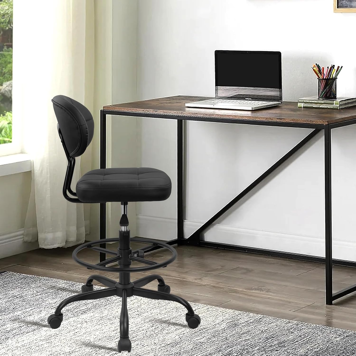 KLASIKA Leather Drafting Stool Chair with Ergonomic Backrest & Footrest, Adjustable Height 360° Swivel Rolling Stools, Tall Padded Seat Office Chair for Standing Desk, Shop, Drawing, Black, 2 Pack