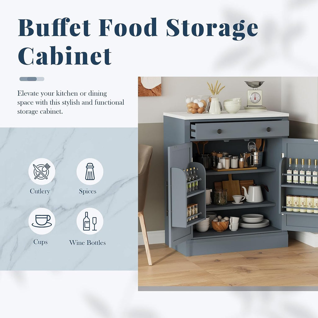Modern Freestanding Kitchen Pantry,Buffet Food Storage, Coffee Bar Cabinet with Drawer, 2 Adjustable Shelves and 2 Door Shelves for Dining, Kitchen Gray