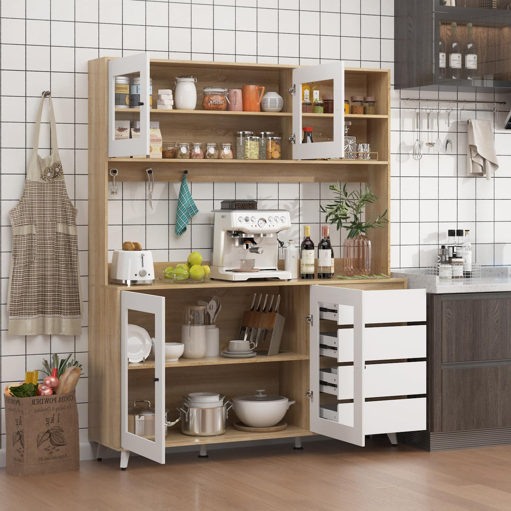 74.8" H Kitchen Pantry with Hutch, Microwave Stand & Hooks, Modern Large Cupboard Storage Cabinet with Glass Doors, 6 Shelves & 4 Drawers for Kitchen Dining Room, White & Brown
