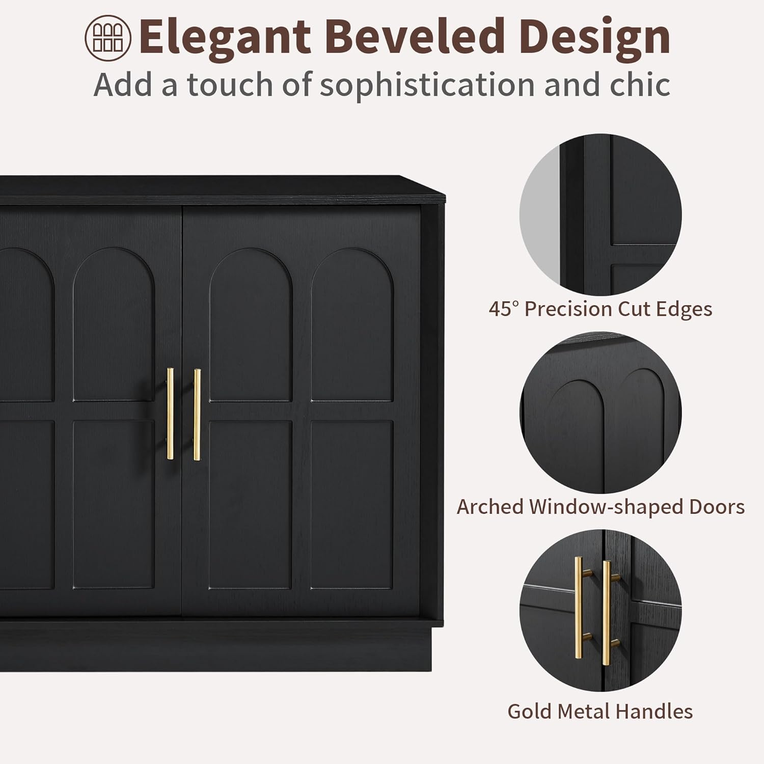66.5" Sideboard Buffet Cabinet with Storage, Modern Credenza with Arched Doors, Large Wood Accent Cabinet for Living Room Entryway (Black)