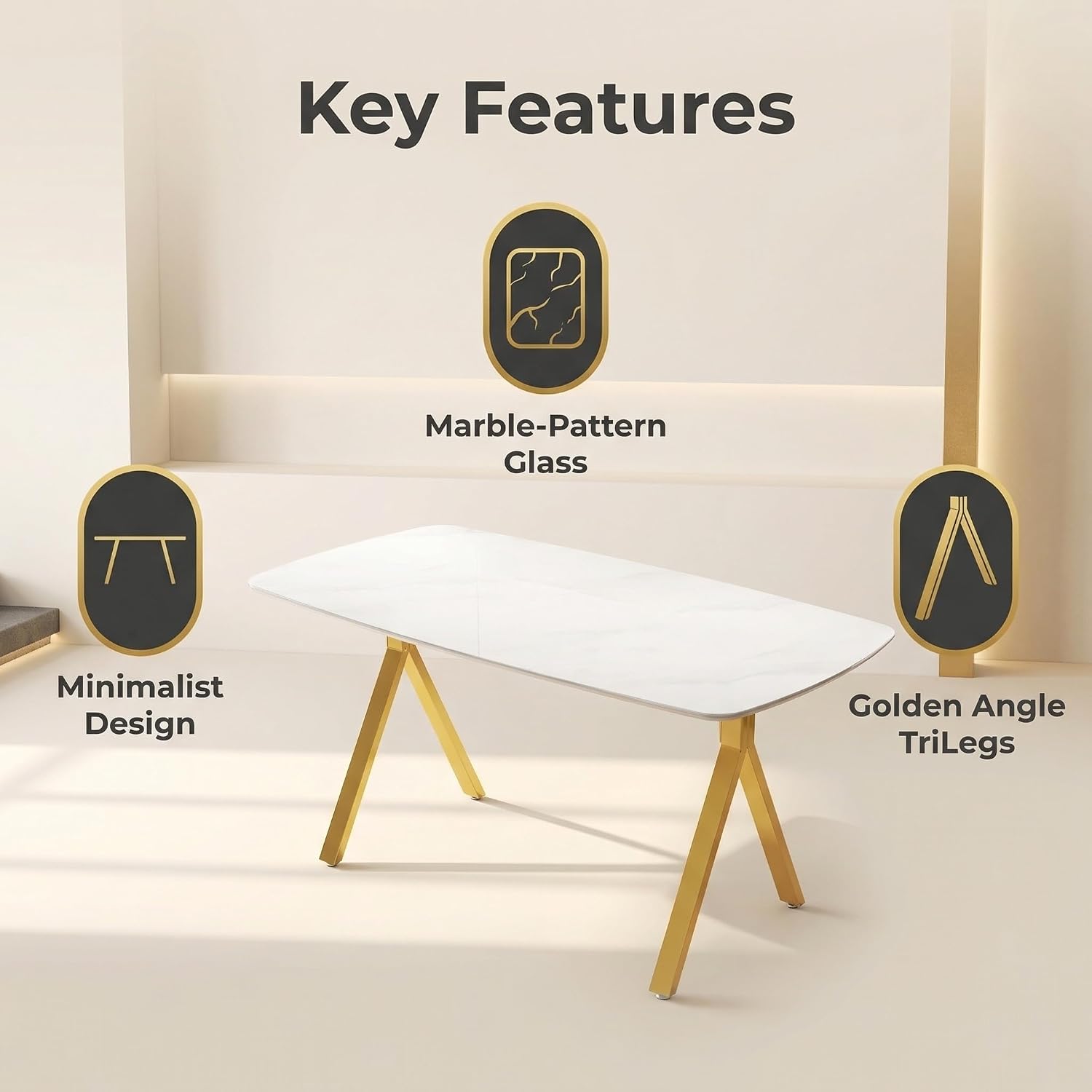 Meihua 51.2'' Dining Table with White Marble Pattern Tempered Glass Top, Sleek Metal Legs Stable Frame Dinner Table for 4-6 Persons, Luxury Kitchen Table for Home, Apartment & Office