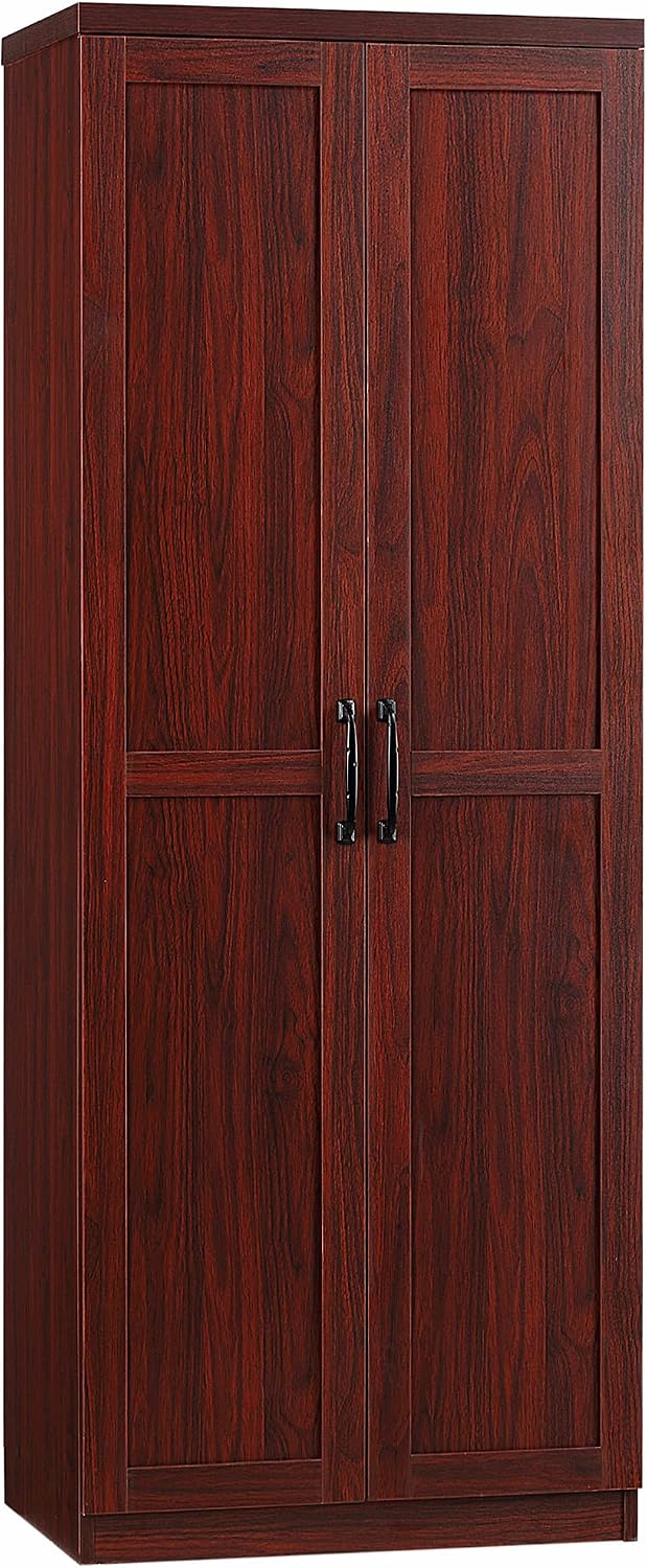 63" 2-Door Kitchen Pantry, Freestanding Storage Cabinet with 5-Tier Shelving and 2 Adjustable Shelves for Dining Room, Cherry Wood Color