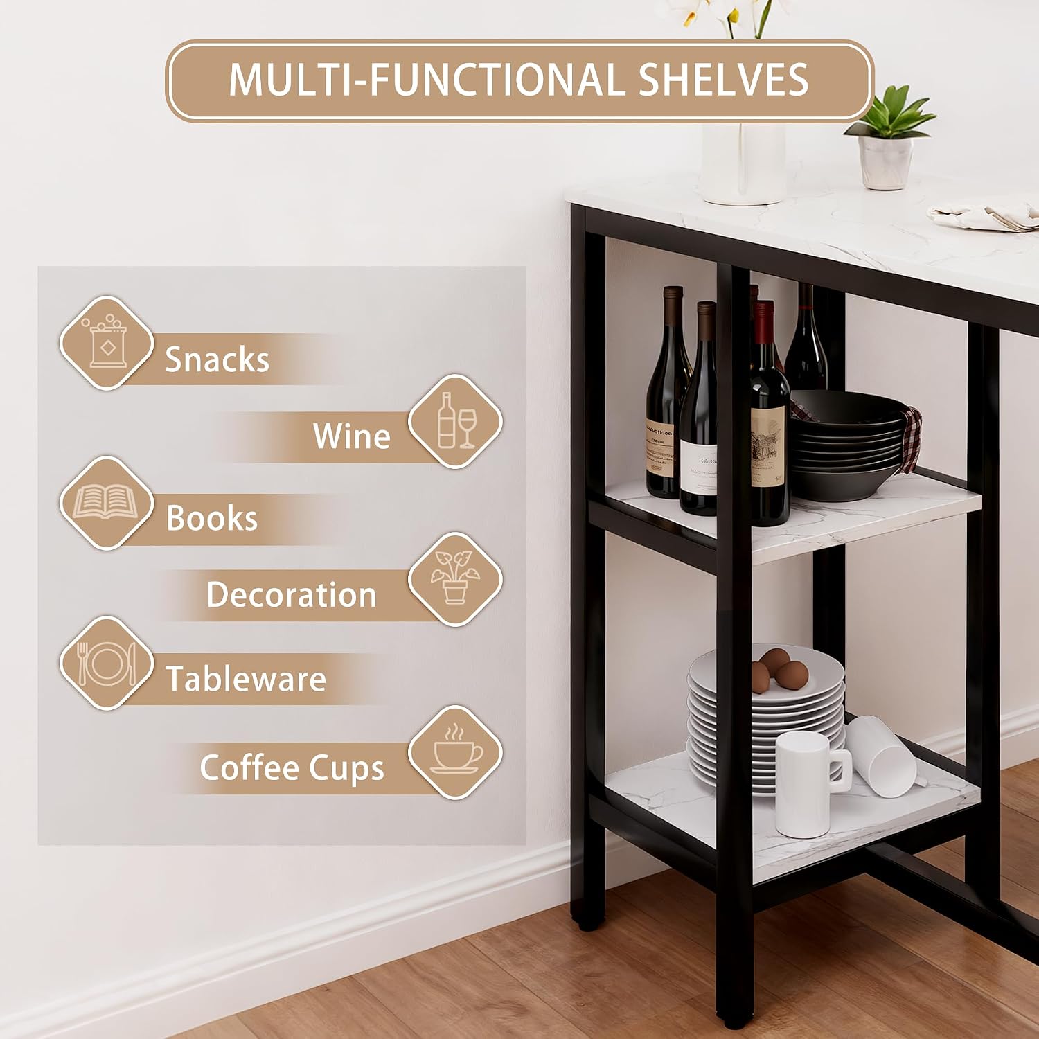uhomepro 4-Piece Kitchen Bar Table Set with Storage Shelves - 57.1” Sofa Table with Stools, Simple Style, Easy Assembly, Perfect for Small Spaces, Restaurants, and Studio Apartments (White+Black)