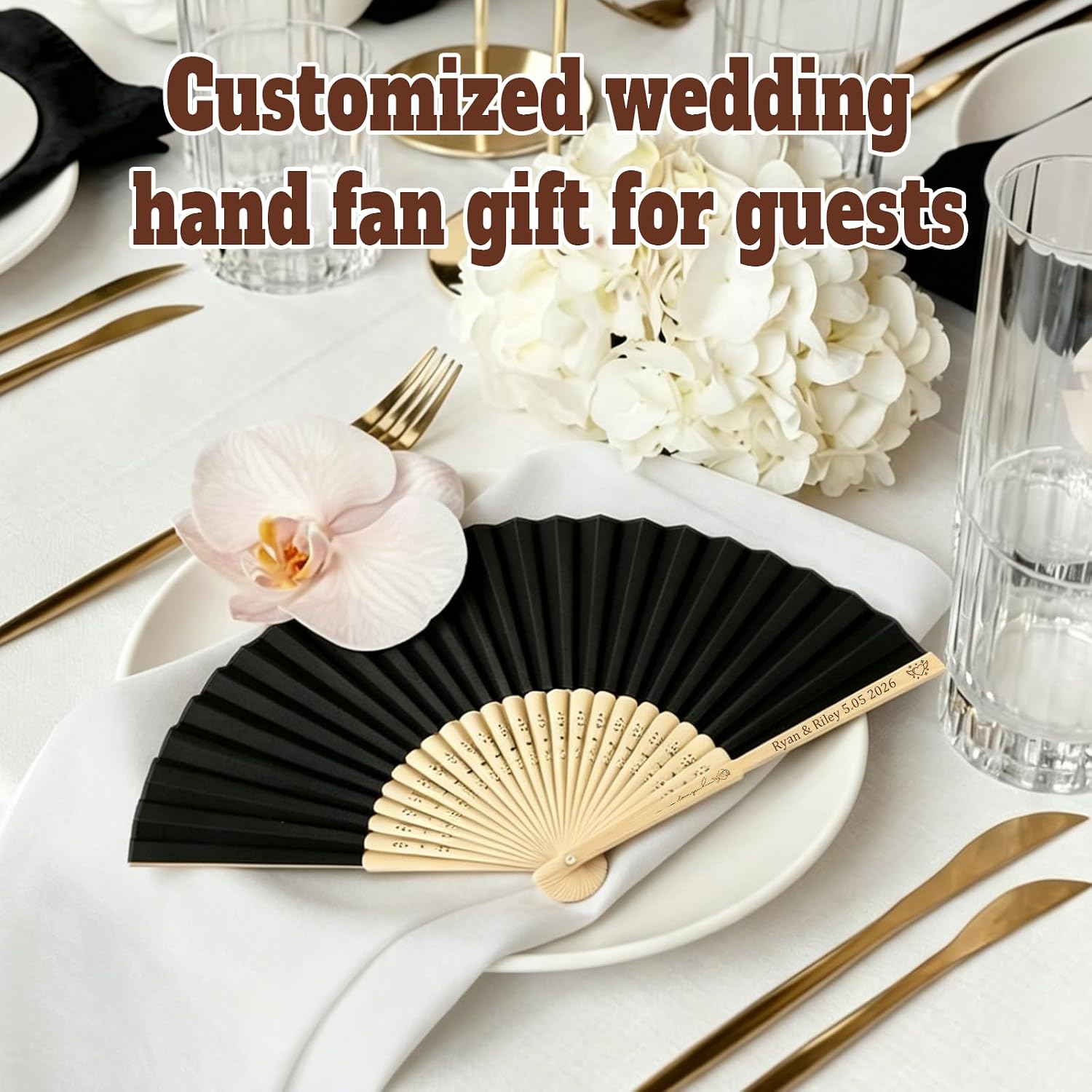 HJX Personalized Wedding Fans for Guests Custom Engraved Bulk Silk Folding Fans Favors for Party