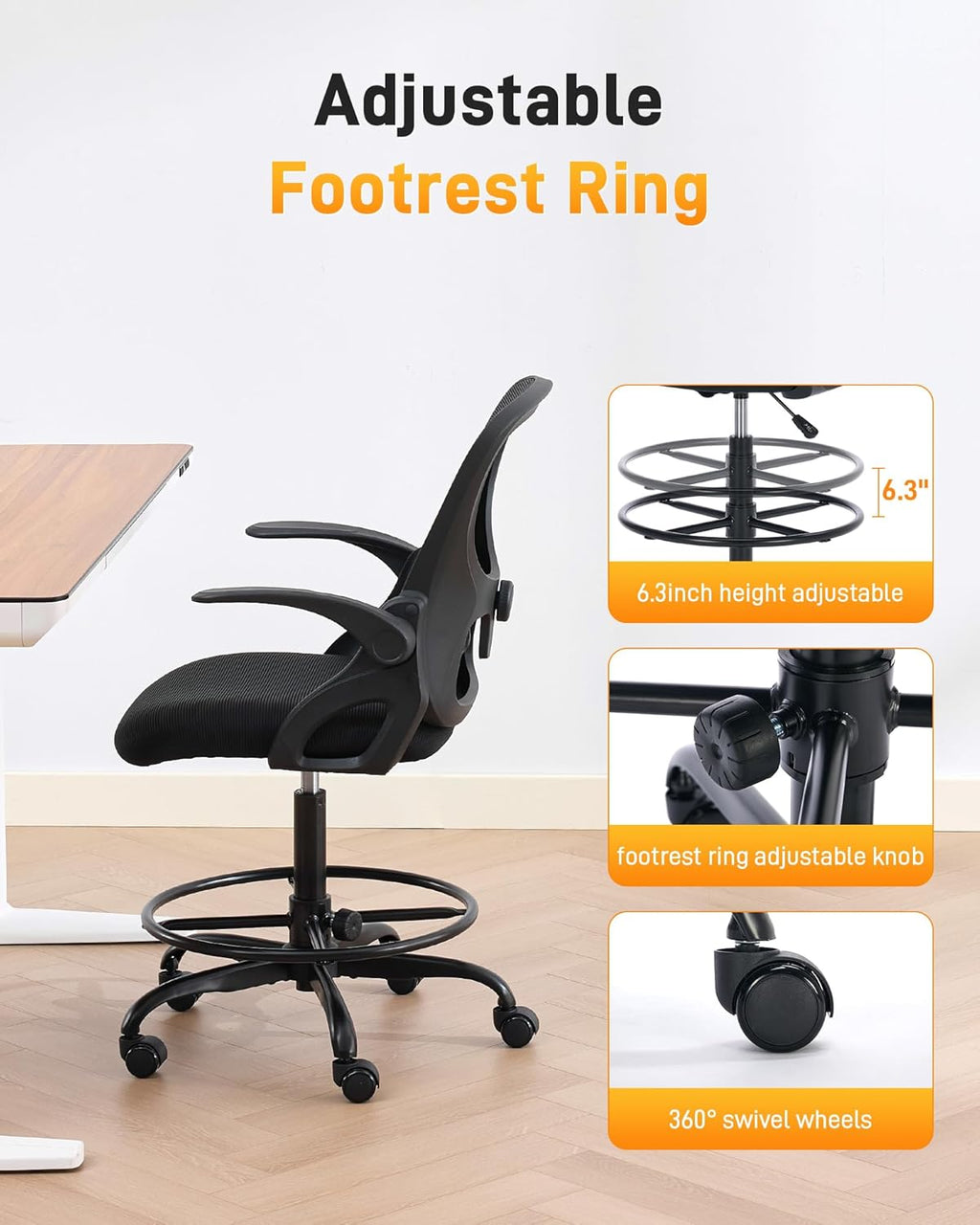 LukkDys Drafting Chair with 4D Multi-Adjustable Backrest, Tall Office Chair 19.7"-27.6" Seat Height, Ergonomic Standing Desk Chair with Flip-up Arms, Foot Ring, Black