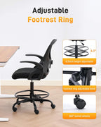 LukkDys Drafting Chair with 4D Multi-Adjustable Backrest, Tall Office Chair 19.7"-27.6" Seat Height, Ergonomic Standing Desk Chair with Flip-up Arms, Foot Ring, Black