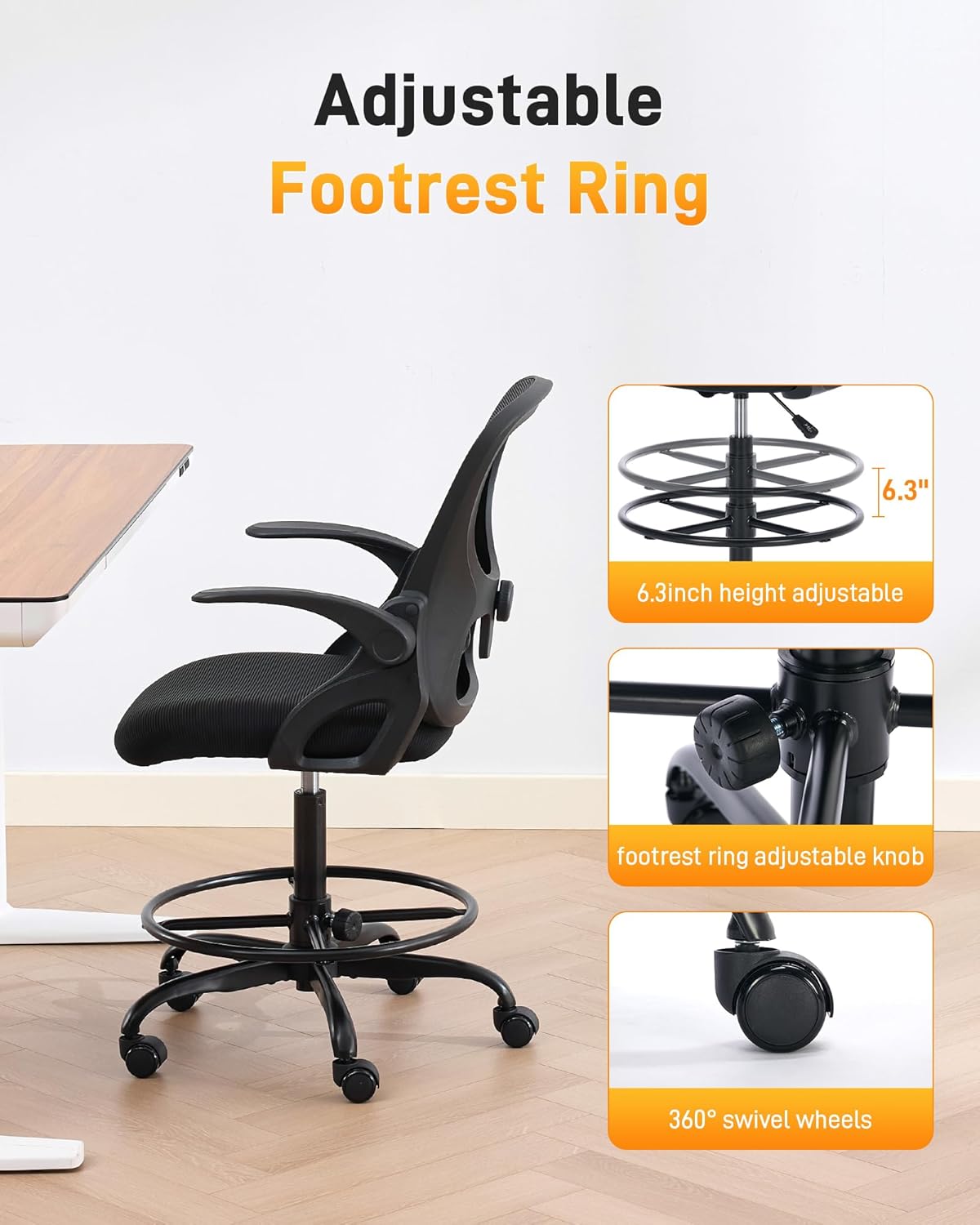 LukkDys Drafting Chair with 4D Multi-Adjustable Backrest, Tall Office Chair 19.7"-27.6" Seat Height, Ergonomic Standing Desk Chair with Flip-up Arms, Foot Ring, Black