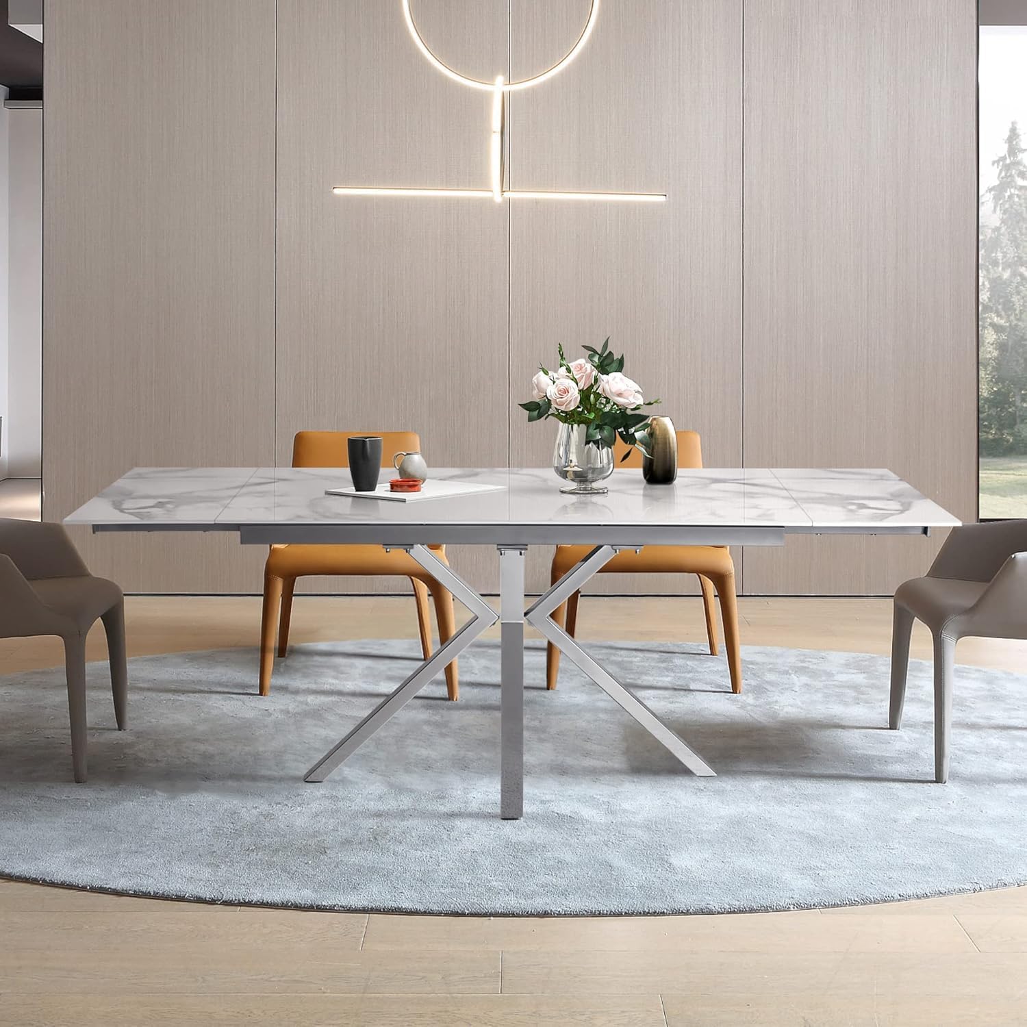 55" to 83" Extendable Dining Table with Blade Extension Plate, Modern Rectangular Table Seats 4-8, Ceramic Laminate Glass Top with Chrome Legs for Kitchen Dining Room