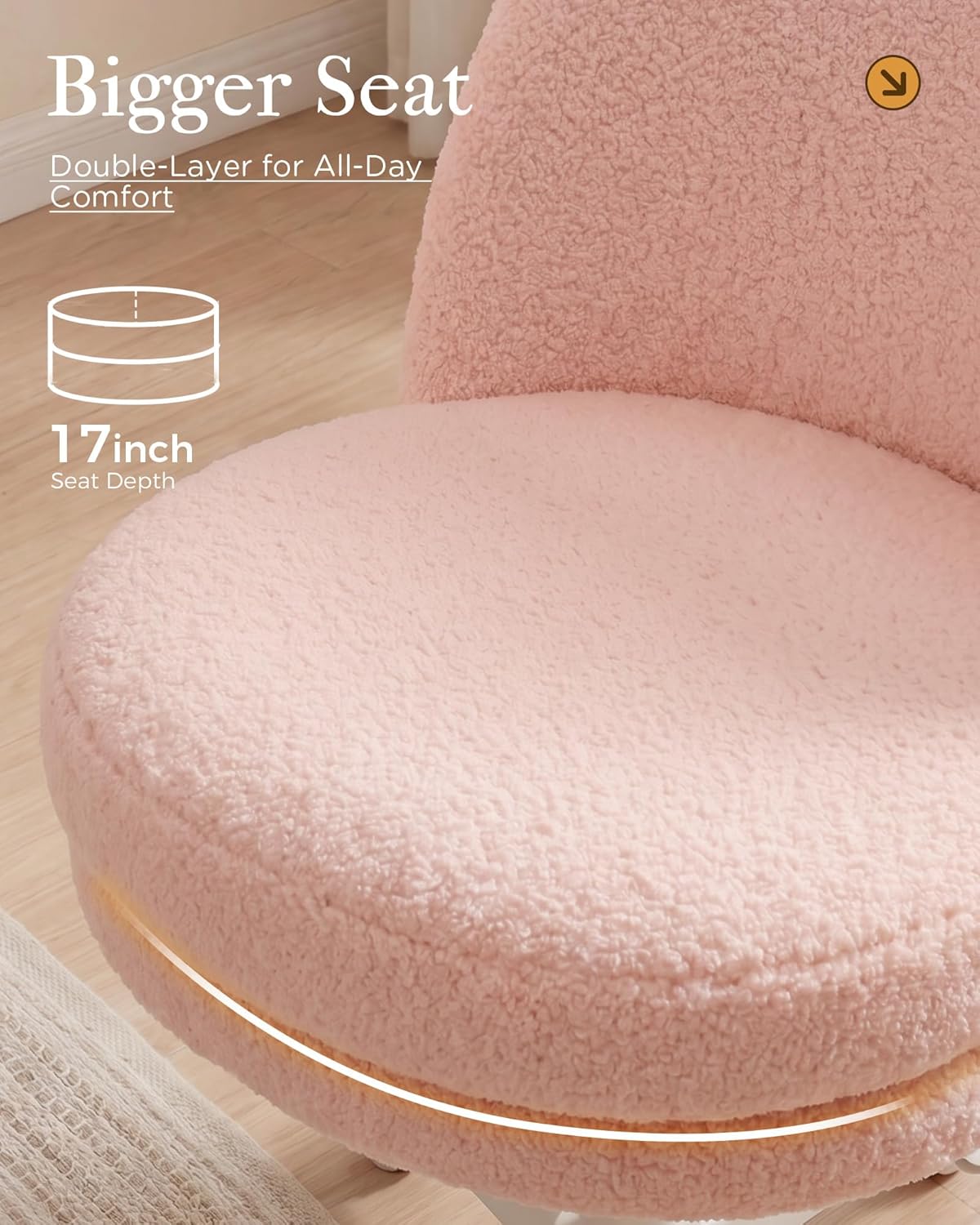 COMHOMA Vanity Chair with Wheels Velvet Tall Office Chair with Back,Armless Desk Chair Comfy Height Adjustable, Soft Lumbar Support for Girls Bedroom Home Vanity Bow Pillow for Gift Pink