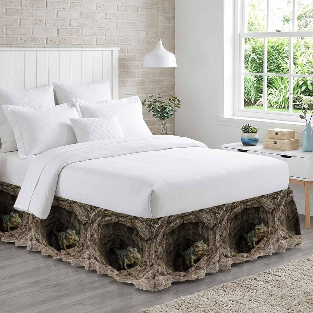 3D Optical Illusion Bed Skirt Full/Queen Size Bed Skirting 16 Inch Drop Adjustable Elastic Dust Ruffles Wrap Around Bedskirt Pleated Nature Dinosaur Stones Brown Bedding Frame Cover for Dorm
