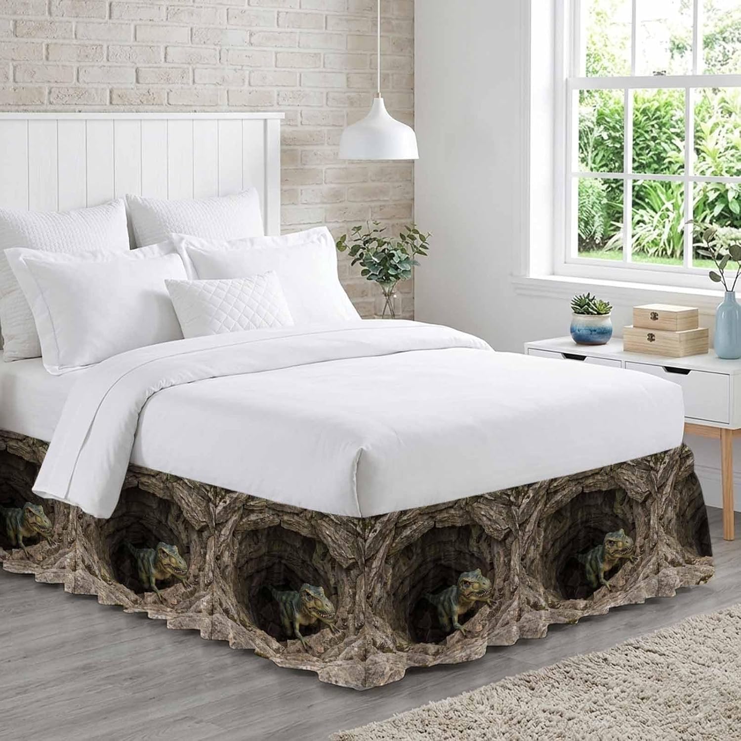 3D Optical Illusion Bed Skirt Full/Queen Size Bed Skirting 16 Inch Drop Adjustable Elastic Dust Ruffles Wrap Around Bedskirt Pleated Nature Dinosaur Stones Brown Bedding Frame Cover for Dorm