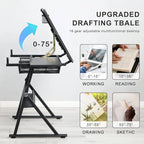 Glass Drafting Table and Stool Sets, Adjustable Height Drawing Table Art Craft Artist Desk Tilting Glass Tabletop with 2 Storage Drawers for Home Office (Black)