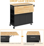 Yaheetech Rolling Kitchen Island Cart with Drop Leaf, Portable Rubberwood Breakfast Bar with Storage Cabinet, Open Shelves & Detachable Towel, 2 Drawers, Black