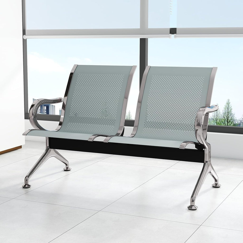 kinbor 2-Seat Waiting Room Chairs with Arms - Set of 3 Modern Reception Bench for Airport, Hospital, Office Lobby - Breathable Mesh & Durable Steel Waiting Area Furniture (Gray)