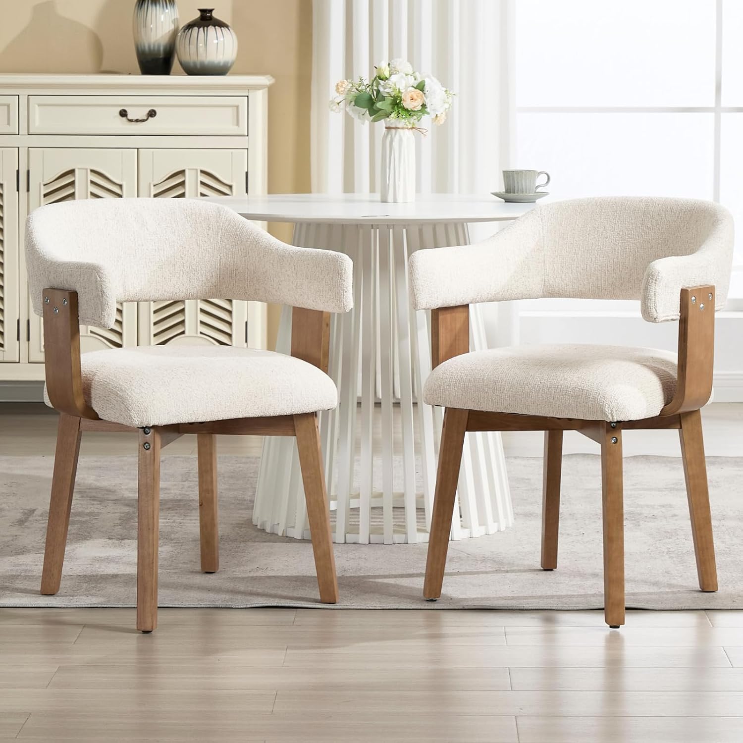 ROCITY Modern Dining Chairs Set of 4 Beige Upholstered Dining Room Chairs, Farmhouse Kitchen Chairs with Curved Backrest and Wooden Legs for Dining,Living Room