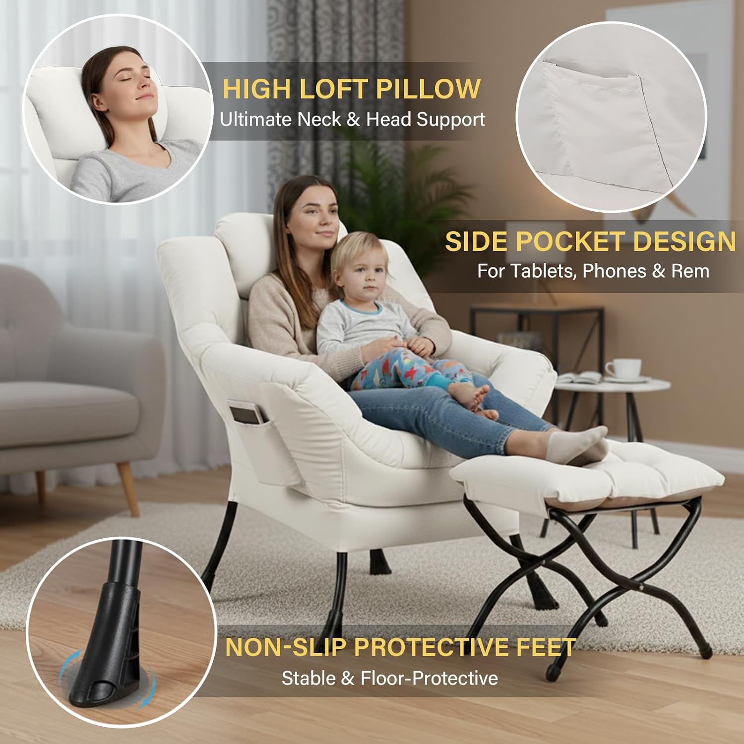 Cozy Lazy Chair and Ottoman, Large Contemporary Peach Beige Accent Chair Set, Leisure Upholstered Reading Armchair for Bedroom, Living Room, Dorm Rooms, Office, Balcony