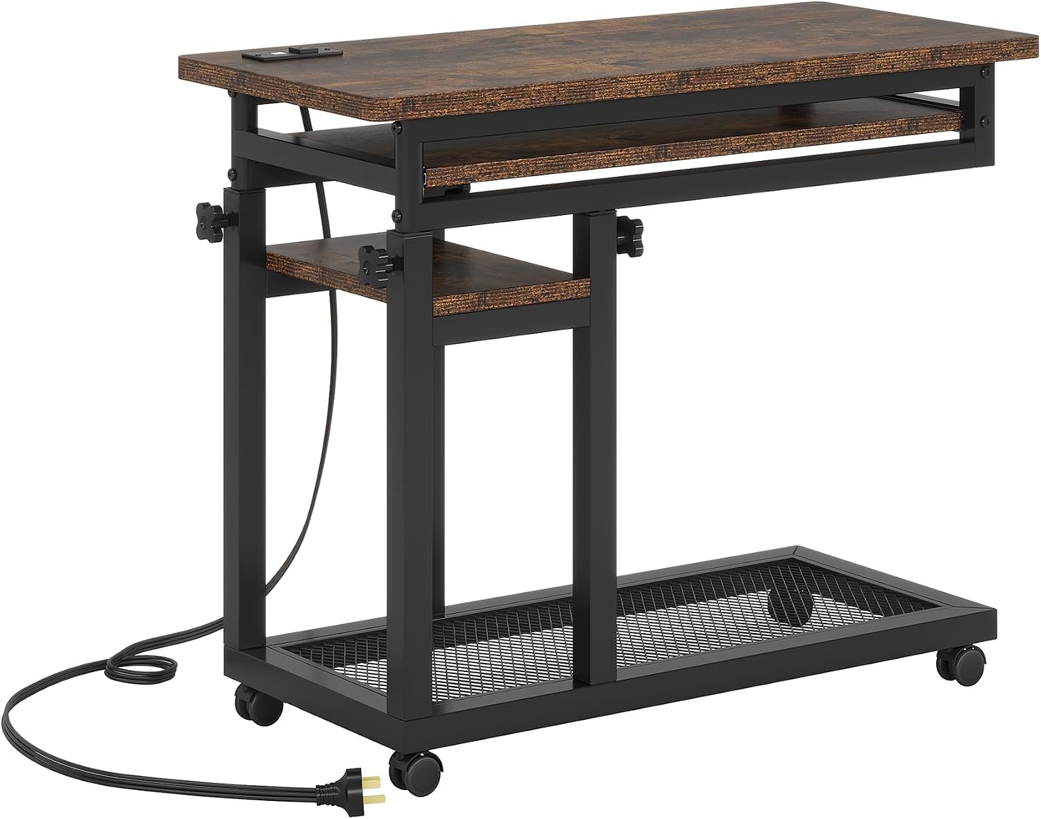 Oigavfd Mobile C-Shaped Adjustable Height End Table, with USB Ports and Outlets Desk, Portable Side Tables with Slide-Out Keyboard Tray, for Home Office, Dorm, Living Room (Black)