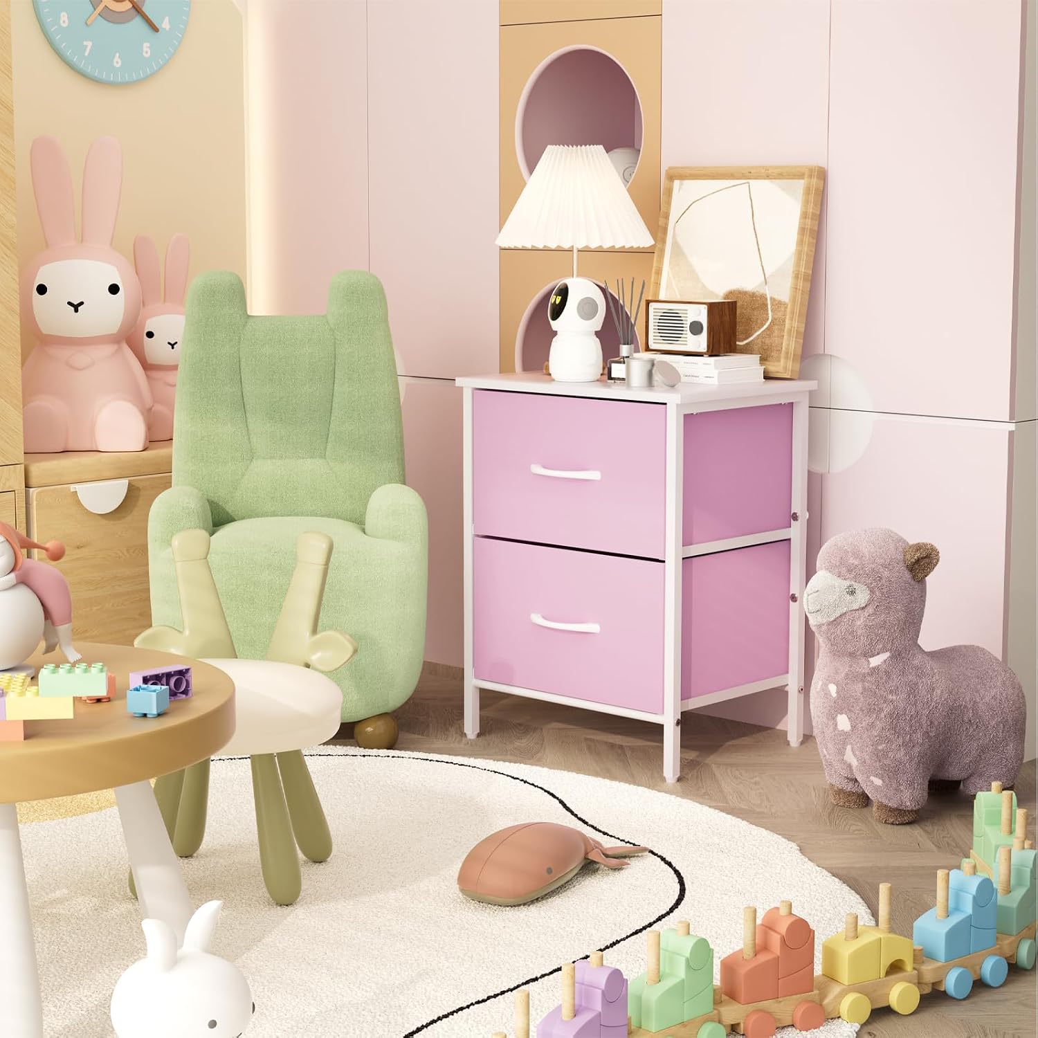 Stero Nightstand, Kids Dresser with 2 Drawers, Steel Frame Bedside Furniture, Wood Top Fabric Night Stand, Colorful End Table for Home, Bedroom, Office Pink